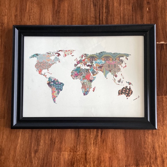 Large World Map Quilted Patchwork Framed Wall Decor Art Globe Picture Patterned